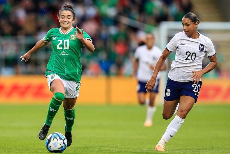 Republic of Ireland's Marissa Sheva with Estelle Cascarino of France in action at Tallaght Stadium. Photograph: Evan Treacy/Inpho