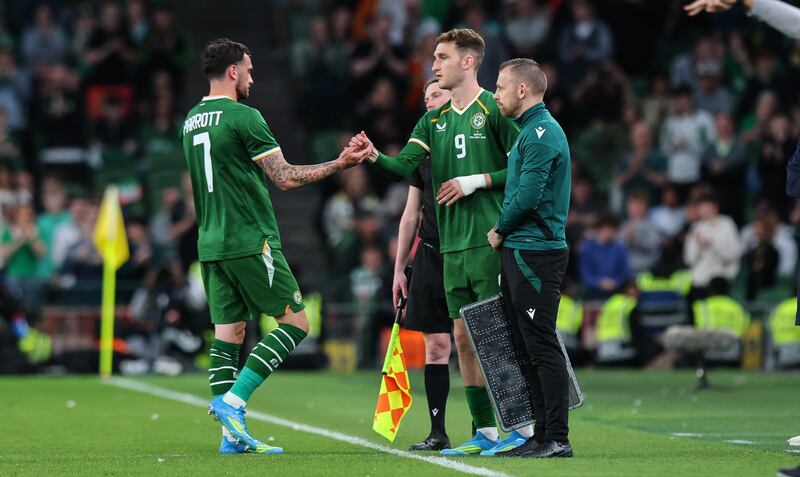 Ireland's Mason Melia replaces Troy Parrott to make his international debut. Photograph: Ryan Byrne/Inpho