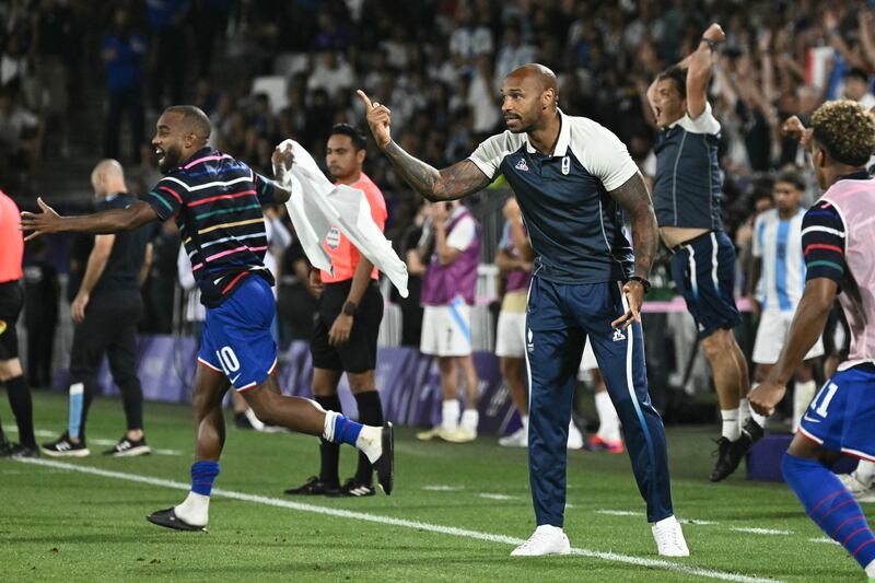 France's manager Thierry Henry after France won their men's quarter-final match against Argentina in Bordeaux. Photograph:  Philippe Lopez/AFP