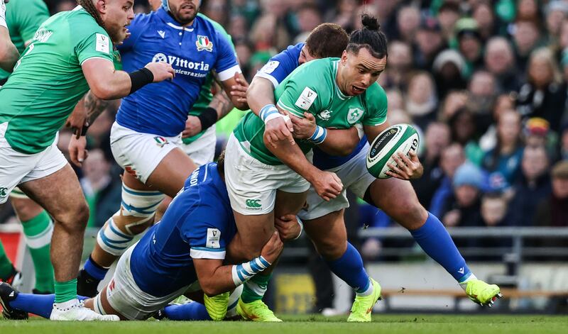 Italy's Niccolo Cannone tackles Ireland's James Lowe. Photograph: Ben Brady/Inpho