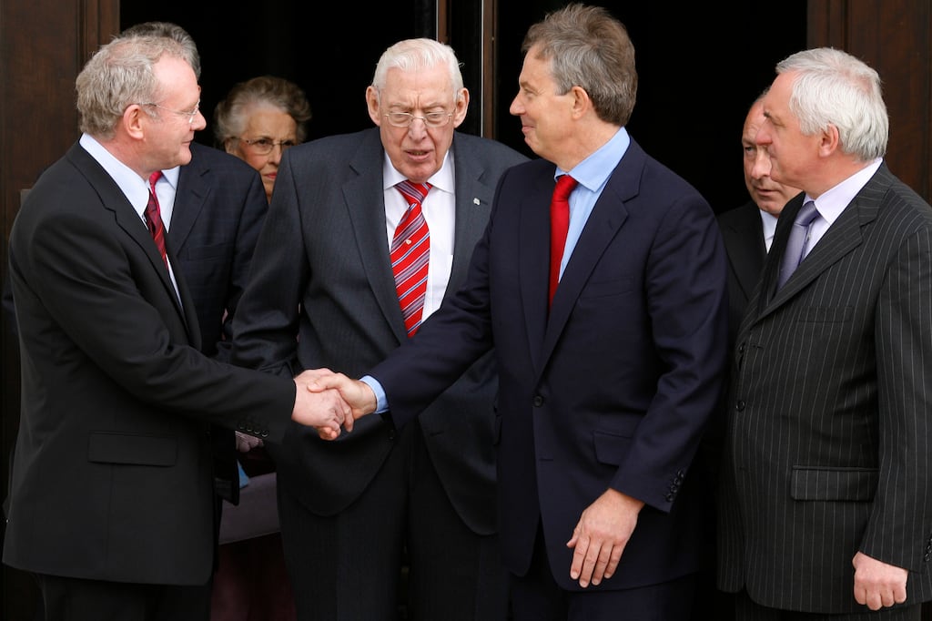 Martin McGuinness, Ian Paisley, Tony Blair and Bertie Ahern after the ceremonies in May 2007 to start local governing at Stormont. Photograph: Chris Maddaloni/Getty