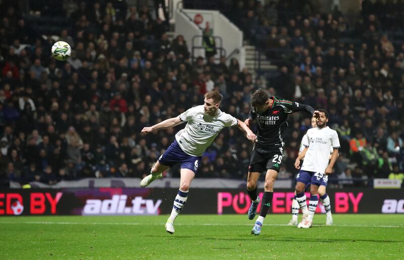 Arsenal's Kai Havertz heads the ball to score his team's third goal against Preston North End. Photograph: Jan Kruger/Getty Images