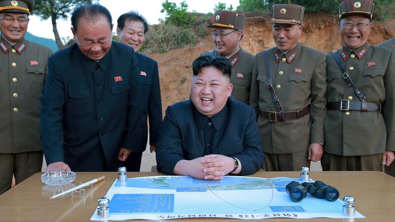North Korean leader Kim Jong Un reacts during the long-range strategic ballistic rocket Hwasong-12 (Mars-12) test launch in this undated photo released by North Korea’s Korean Central News Agency (KCNA) on May 15th 2017. Photograph: KCNA/Reuters