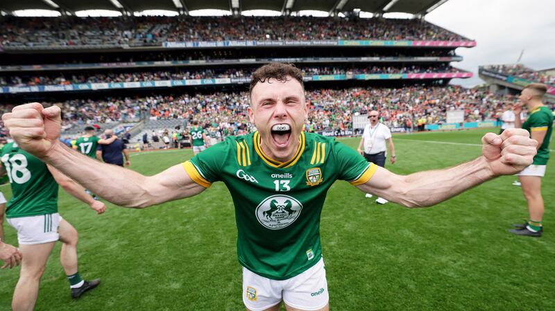 Meath's Jordan Morris celebrates after the final whistle against Galway. Photograph: Laszlo Geczo/Inpho