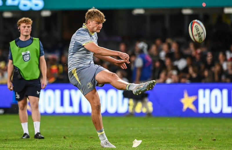 Leinster's Caspar Gabriel kicks a conversion
for Leinster against the Sharks. Photograph: Darren Stewart/Steve Haag Sports/Inpho