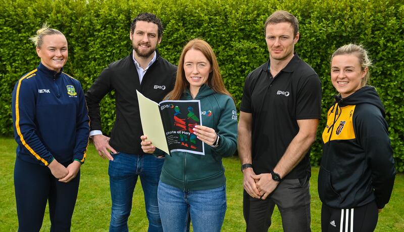 Meath footballer Vikki Wall, GPA chief executive Tom Parsons, GPA national executive committee co-chairpersons Maria Kinsella and Matthew O'Hanlon, and Kilkenny camogie player Grace Walsh. Photograph: Seb Daly/Sportsfile 