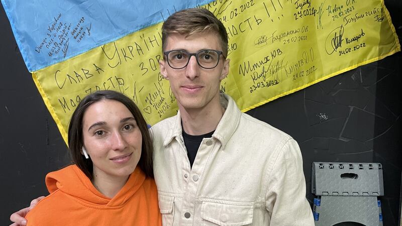 Volunteers Tatyana Podchernina and Sergei Sklyar at the volunteer Kharkiv Aid Office. Before Russia invaded on February 24th, she was a fitness instructor and he worked in life insurance