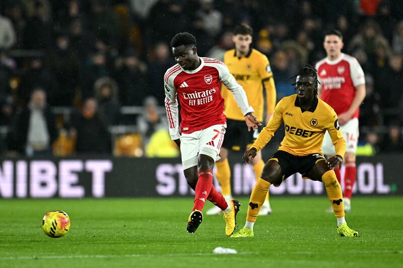 Bukayo Saka in action for Arsenal. Photograph: Paul Ellis/AFP via Getty Images