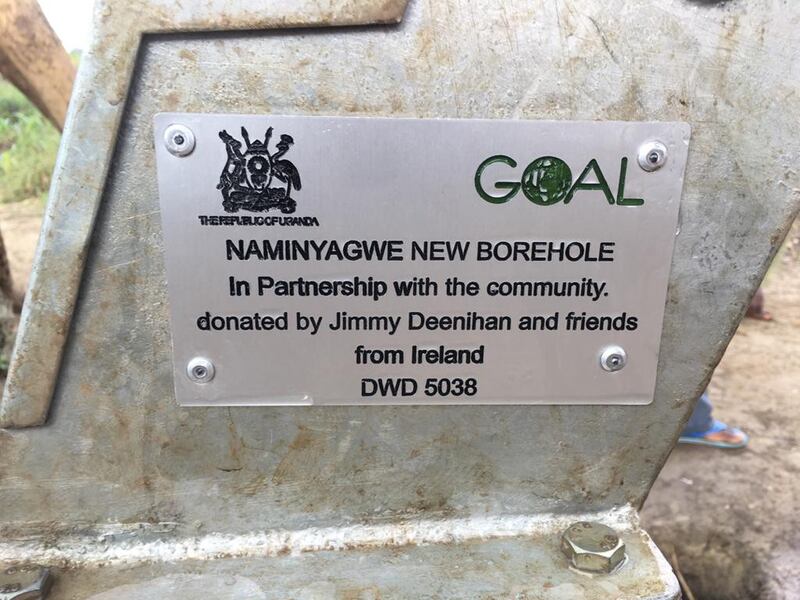 A plaque erected at the new water borehole in Nyaminyagwe, eastern Uganda, thanking Jimmy Deenihan and friends in Ireland for fundraising for this vital new facility