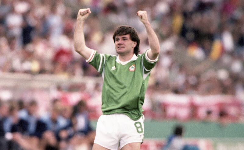 Ireland’s Ray Houghton celebrates scoring a goal against England in the 1988 UEFA European Football Championship. Photograph: Billy Stickland/Inpho