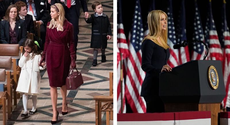 Ivanka Trump with her family in 2017; and at the Republican National Convention in 2020. Photographs: Doug Mills/Anna Moneymaker/New York Times
