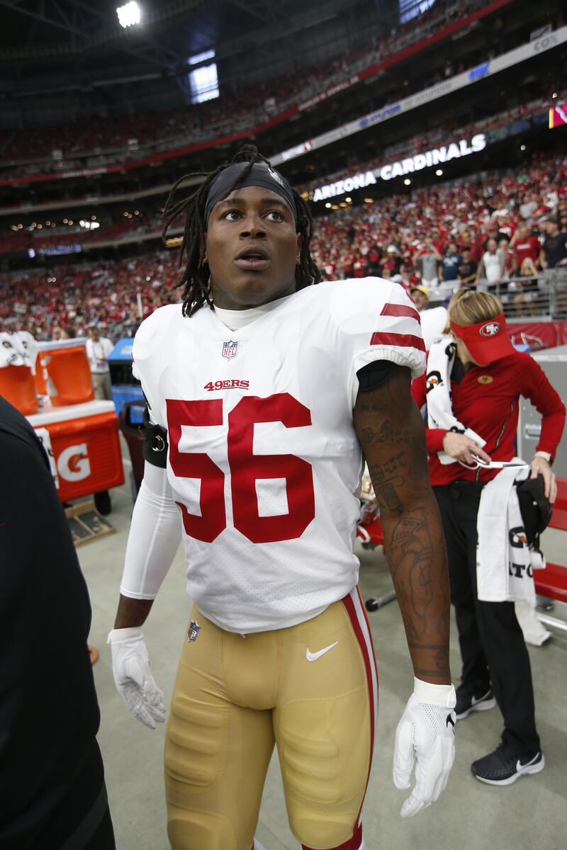 Reuben Foster, pictured during his time with  the San Francisco 49ers, stands on the sideline prior to a game against the Arizona Cardinals on October 28th in Glendale, Arizona Photograph: Michael Zagaris/San Francisco 49ers/Getty