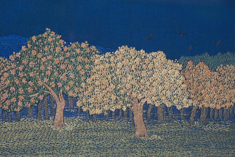 Susan (Lily) Yeats’s Apple Trees, silk embroidery on blue poplin