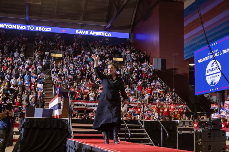 Harriet Hageman, the Trump-backed Republican challenger to Liz Cheney, at a rally in May. Photograph: Natalie Behring/New York Times