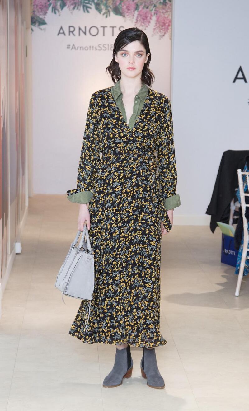 Floral wrap dress (€219) by Ganni. Khaki shirt dress (underneath, €230) by SET. Miss KG boots (€65) and bag (€426) by Rebecca Minkoff