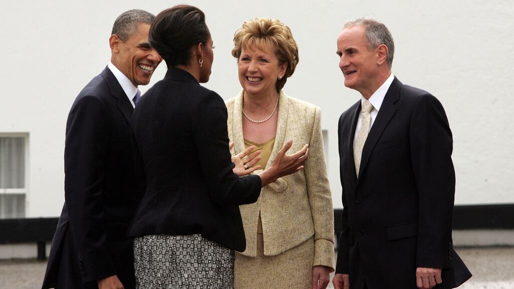 President Mary McAleese  and her husband Martin welcome US president Barack Obama and his wife Michelle to Áras an Uachtaráin during his official visit to Ireland in May 2011. Photograph: Alan Betson