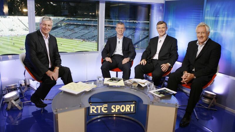 Michael Lyster with football panellists Joe Brolly, Colm O’Rourke and Pat Spillane in studio in Croke Park.