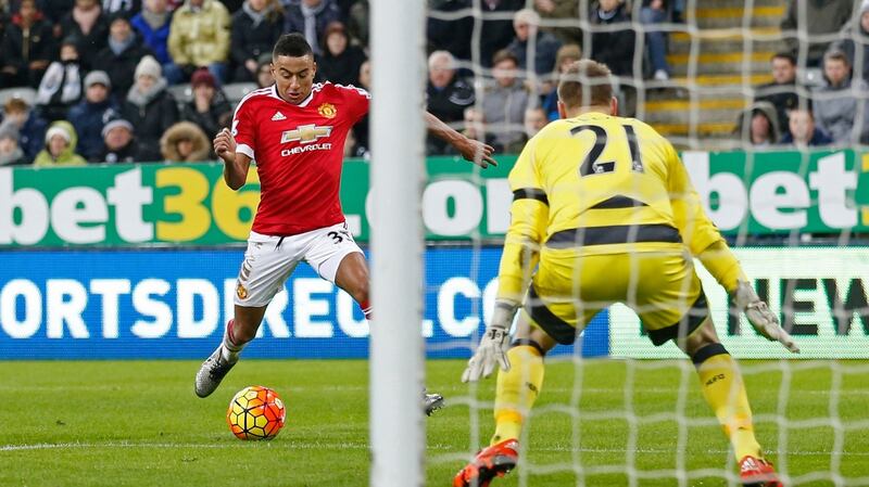 Jesse Lingard scores Manchester United’s  second goal in the Premier league game against  Manchester United at  St James’ Park. Photograph: Carl Recine/Action Images via Reuters/Livepic