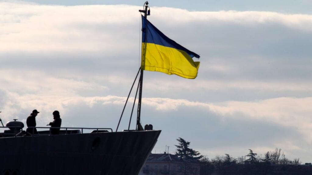 ‘The bald facts are that Crimea will never return to full Ukrainian sovereignty; the West has no intention of getting militarily involved and the Ukraine military forces are dwarfed by the Russian.’ Above, Ukrainian navy sailors stand guard on top of the Ukrainian navy command ship Slavutych at the Crimean port of Sevastopol. Photograph: Reuters/Baz Ratner