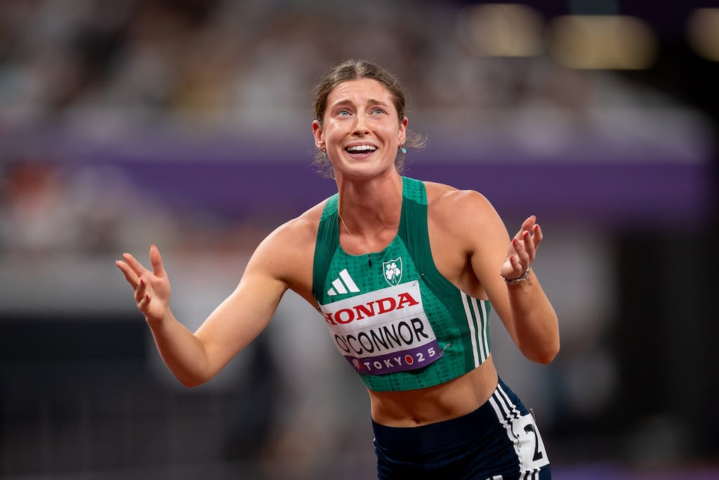Ireland’s Kate O’Connor after winning a silver medal in the women's heptathlon at the World Athletics Championships in Tokyo. Photograph: Morgan Treacy/Inpho