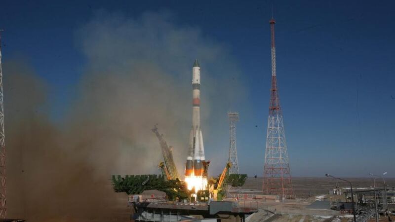 A Soyuz-2.1  rocket with a Progress M-25M cargo spaceship launches at the Baikonur cosmodrome in Kazakhstan, just hours after the  American Antares rocket exploded on take-off. Photograph: EPA/Roscosmos