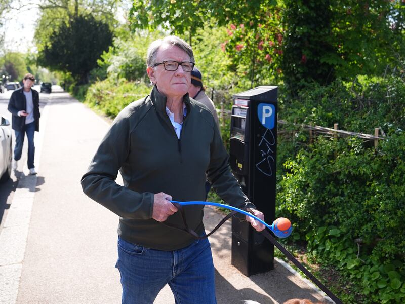  Peter Mandelson takes his dog for a walk near his home in London on Tuesday. Photograph: James Manning/PA Wire