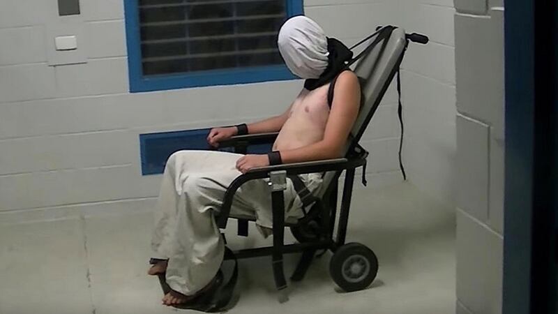 Dylan Voller hooded and strapped to a chair in the Don Dale Youth Detention Centre in Darwin.