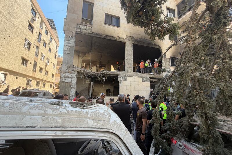 Rescue workers inspect the damage to a building following an Israeli air strike in the Choueifat area, south of Beirut on the outskirts of the capital's southern suburbs, on May 28th. Photograph: Ibrahim Amro/AFP via Getty
