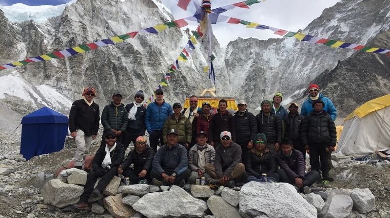 The full team including our climbing sherpa and base camp staff at the end of the Puja ceremony.