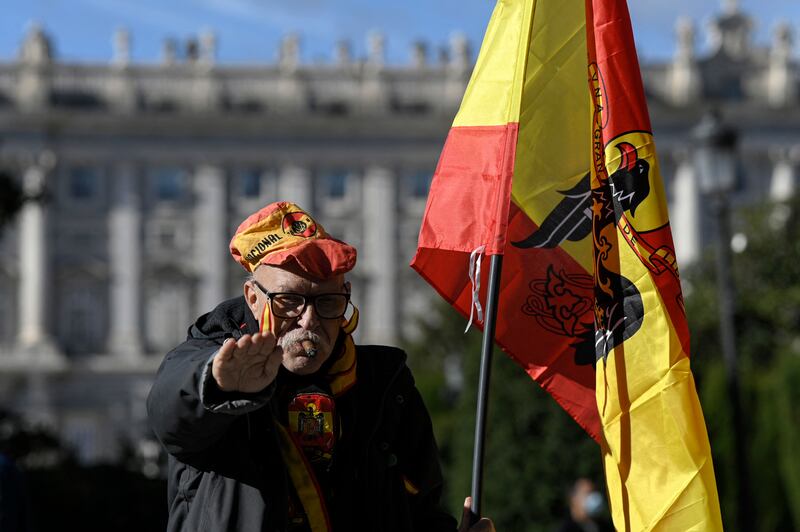 A supporter of  Francisco Franco in Madrid on November 20th, 2022, during a demonstration marking the anniversary of the death of the dictator. Photograph: Oscar Del Pozo/AFP via Getty Images