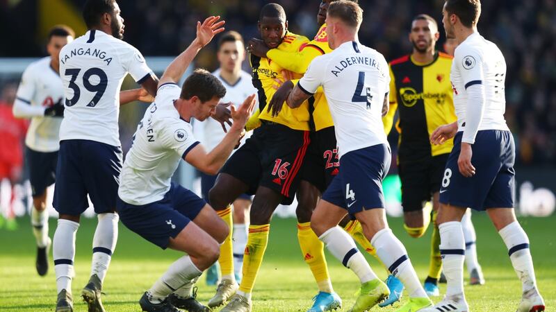 Tempers flare between Abdoulaye Doucoure and Jan Vertonghen. Photograph:  Catherine Ivill/Getty