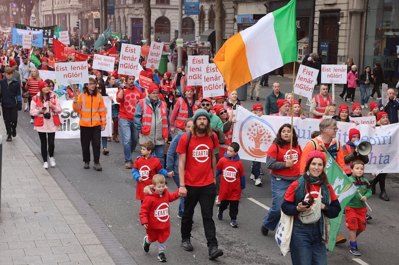 20/09/2025.  - SCÉAL - 
CEARTA, a National Protest for the Irish Language and the Gaeltacht, from Parnell Square to Leinster House Dublin.
Grianghraf: Dara Mac Dónaill / The Irish Times











