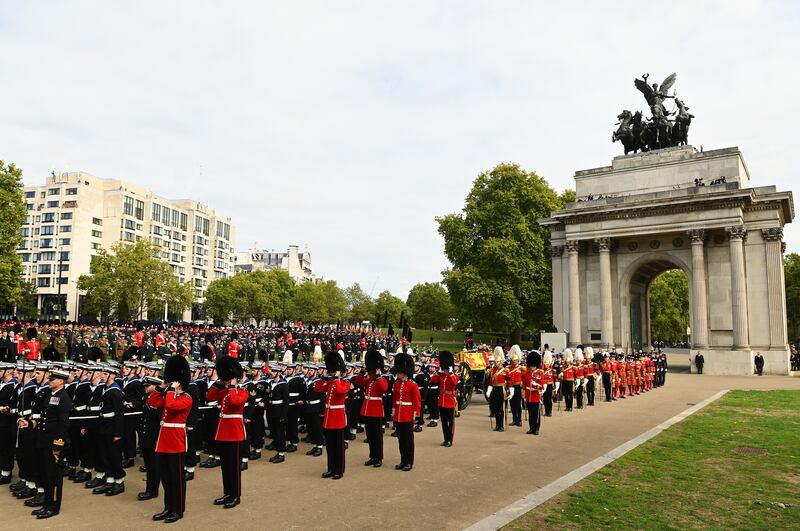 The coffin of Queen Elizabeth II proceeds past The Wellington Arch, London on Monday. Photograph: David Ramos/Getty