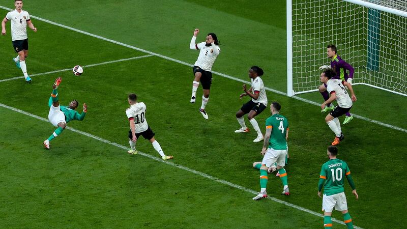 Ireland’s Chiedozie Ogbene scores a wonderful goal against Belgium. Photograph: Ben Brady/Inpho