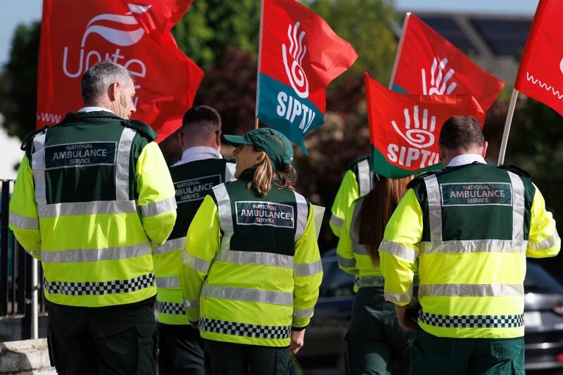 Members and supporters of Siptu and Unite on the picket line outside Dundalk ambulance station. Photograph: Liam McBurney/PA Wire