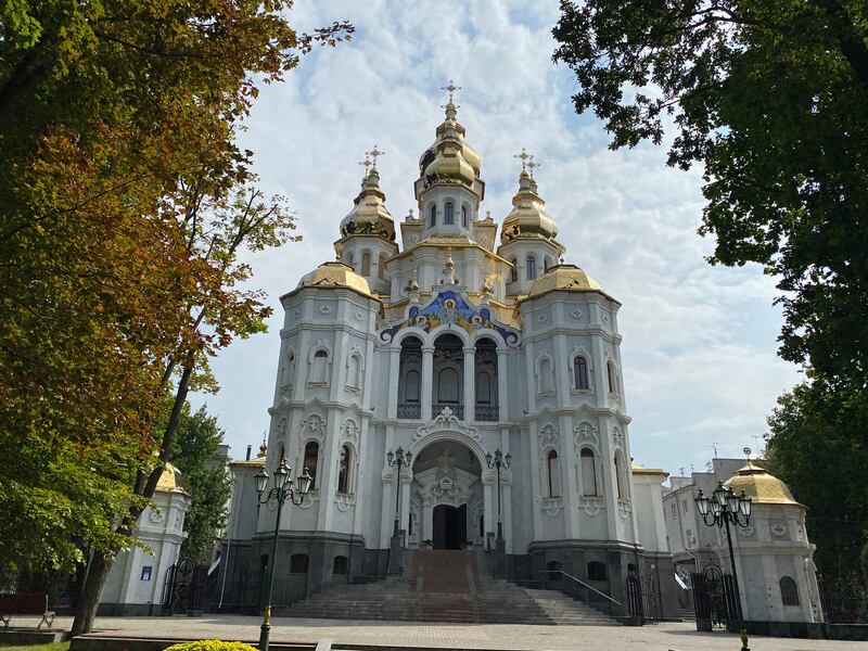 The Russian bombardment of Kharkiv blew gold tiles off the onion domes of the Myrrh Bearers Russian Orthodox church. Photograph: Lara Marlowe