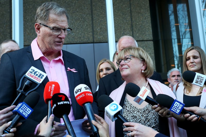 Greg Simms and wife Merilyn speak to the media after Chris Dawson was convicted of the murder of his wife, Lynette - Mr Simms's sister - four decades ago. Photograph: Lisa Maree Williams/Getty Images