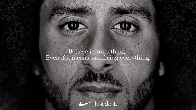 Nike is asking customers to emulate Kaepernick, to “believe in something, even if it means sacrificing everything”. Photograph:  Nike/Reuters