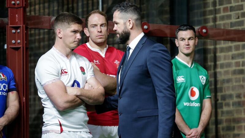 Ireland head coach Andy Farrell talks with his son and England captain Owen at the launch of the Six Nations. The manoeuverings this week are  blatant, unabashed sharp practice, with no other purpose than to free the England captain for the start of the Six Nations. Photograph: Laszlo Geczo/Inpho
