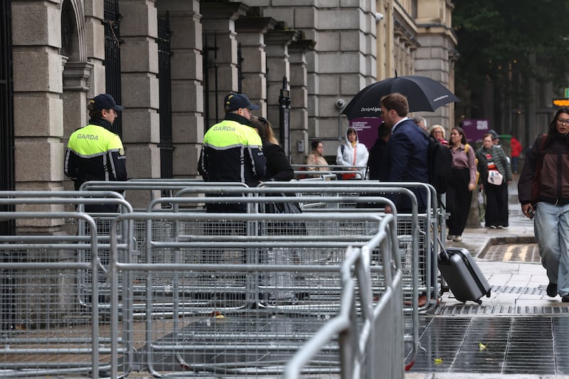 Gardaí on duty outside Leinster House on the day Budget 2027 is announced. Photograph: Dara Mac Dónaill / The Irish Times.