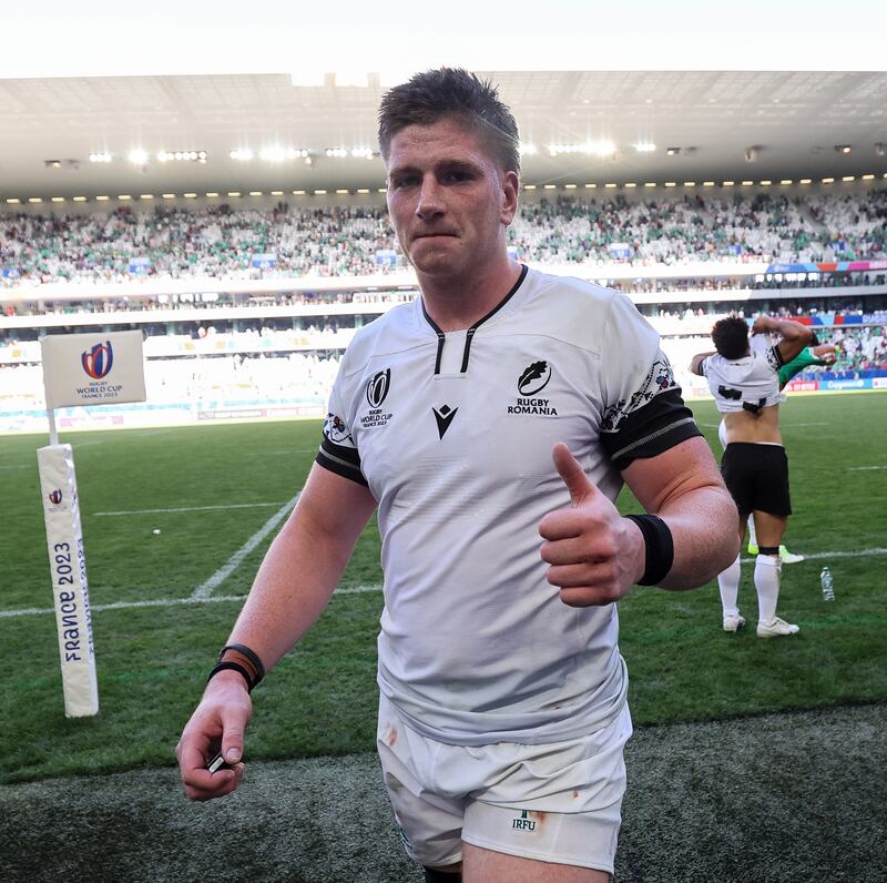 Ireland’s Joe McCarthy celebrates after the game in Bordeaux. Photograph: Dan Sheridan/Inpho