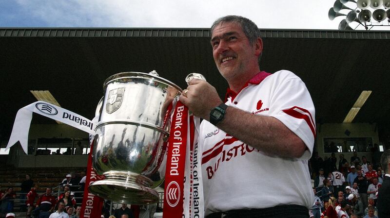 Mickey Harte celebrates Tyrone’s Ulster Championship win in 2003. They went on to win Sam Maguire for the first time. Photograph: Andrew Paton/Inpho