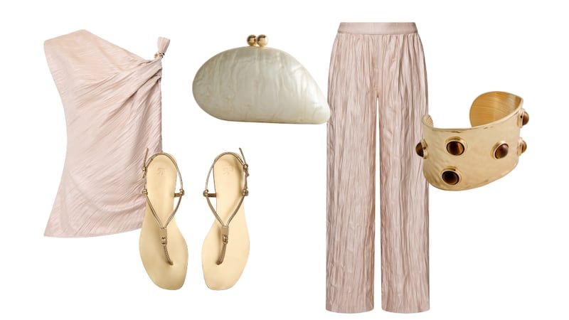Ruched top, €90, French Connection; Sandals, €22.99, Parfois; Clutch, €18, Penneys; Drawstring trouser, €100, French Connection; Stone cuff, €6, Penneys