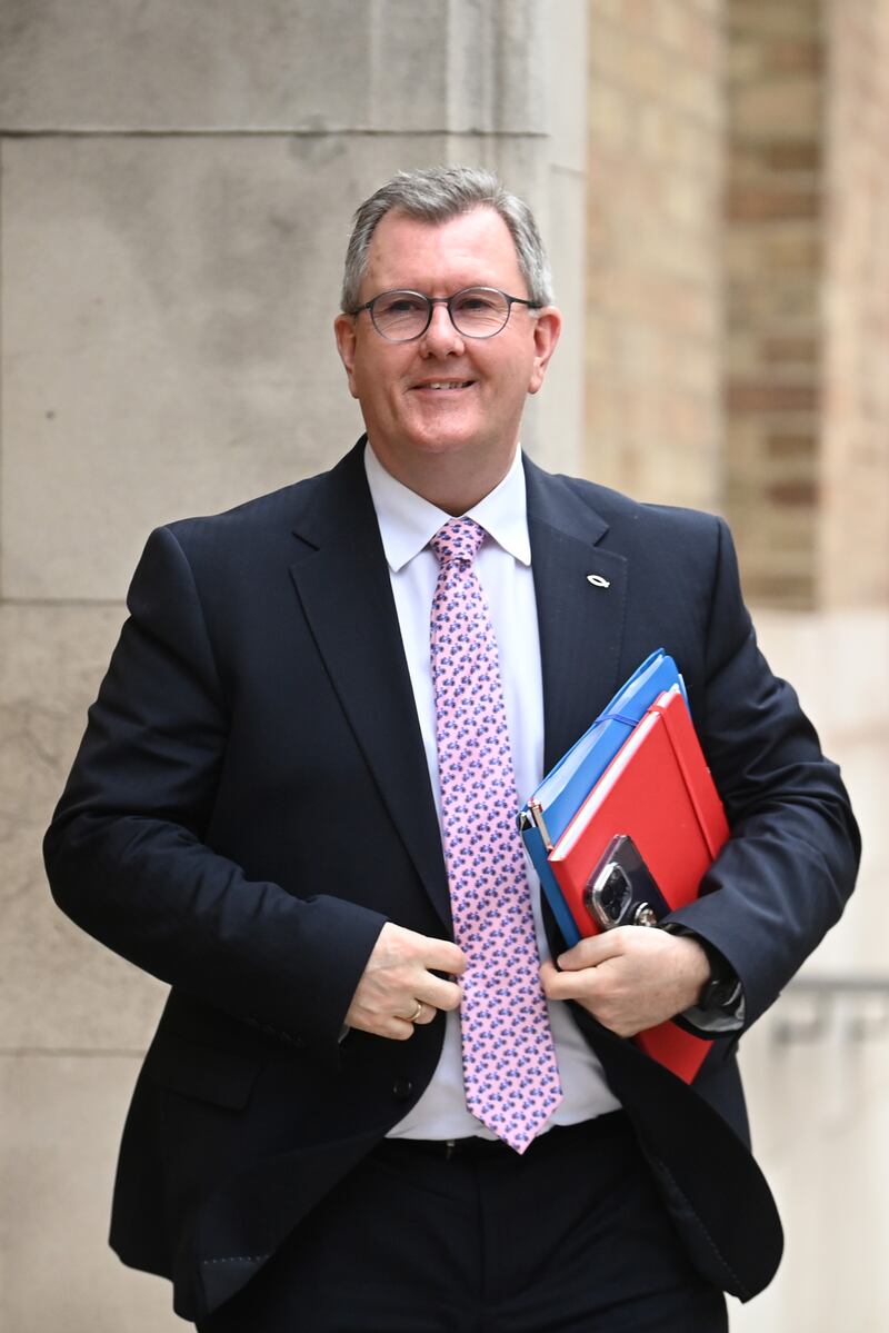 DUP leader Jeffrey Donaldson arrives at Broadcasting House, the headquarters of BBC Northern Ireland. Photograph: Charles McQuillan/Getty Images