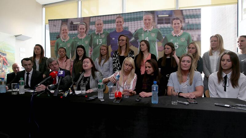 Republic of Ireland women team at Tuesday’s press conference at Liberty Hall. Photograph: Donall Farmer/Inpho.