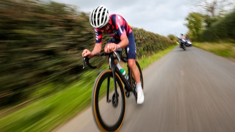 Ben Healy  on his way to winning the Irish National Road Race Championships in Newcastle West, Co Limerick on Saturday. Photograph: Bryan Keane/Inpho