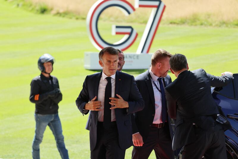 French president Emmanuel Macron arrives in Evian, eastern France, ahead of the G7 summit on Monday. Photograph: Ludovic Marin/AFP via Getty Images