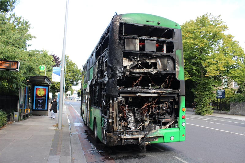 Rear of the Dublin Bus caught on fire in Donnybrook. Photo Hugh Dooley