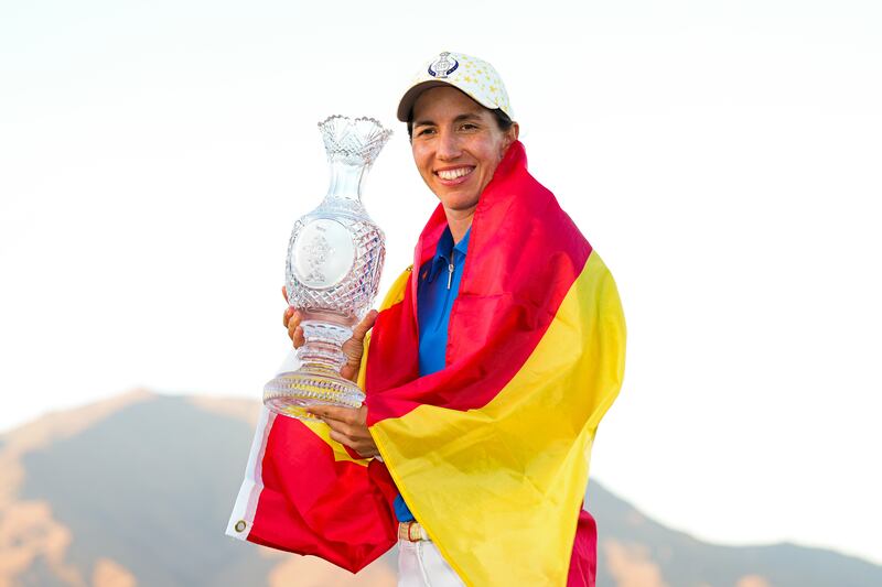 Carlota Ciganda of Team Europe celebrates with the Solheim Cup. Photograph: Angel Martinez/Getty
