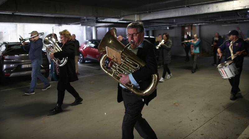 Paddy Kelly (centre), Anne Brooks (left) and other members of the Communications Workers’ Union Band practice their marching. Photograph: Bryan O’Brien